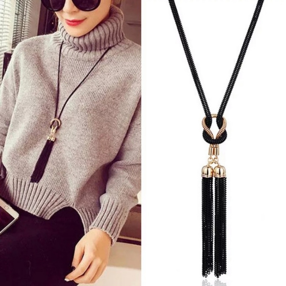 Long Tassel Necklace Bicolor Black and Gold